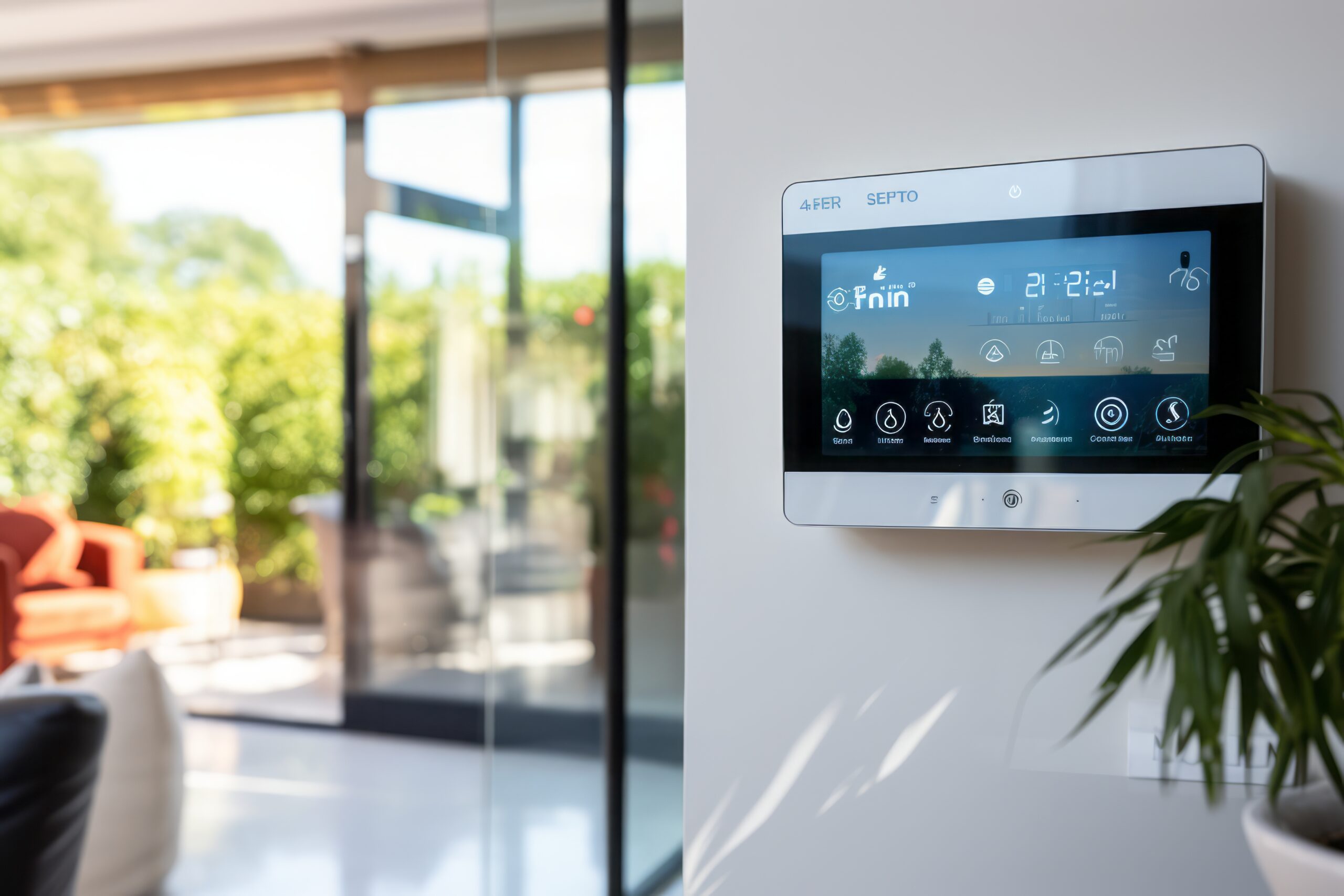 Smart Home Digital Control on a Living Room Wall, Offering a View of a Large Window with Roller Shutters Half Closed, Embracing Modern Home Automation
